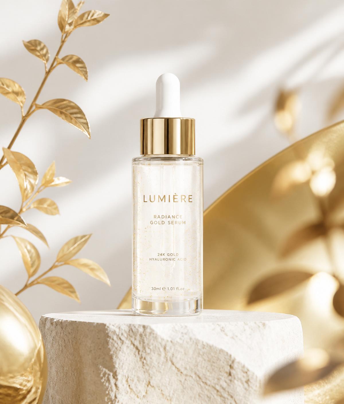 Velour Light Weight serum bottle on a pale stone plinth with golden botanical accents