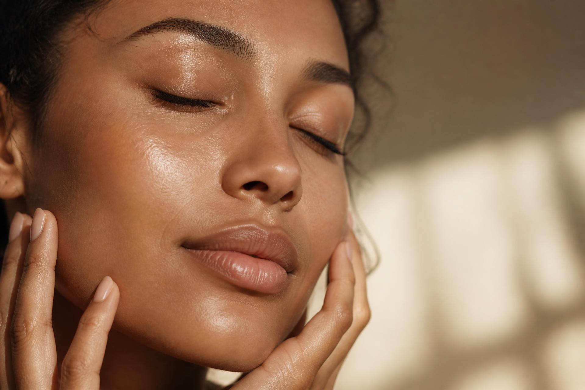 Close portrait of a woman with luminous, moisturised skin in warm natural light