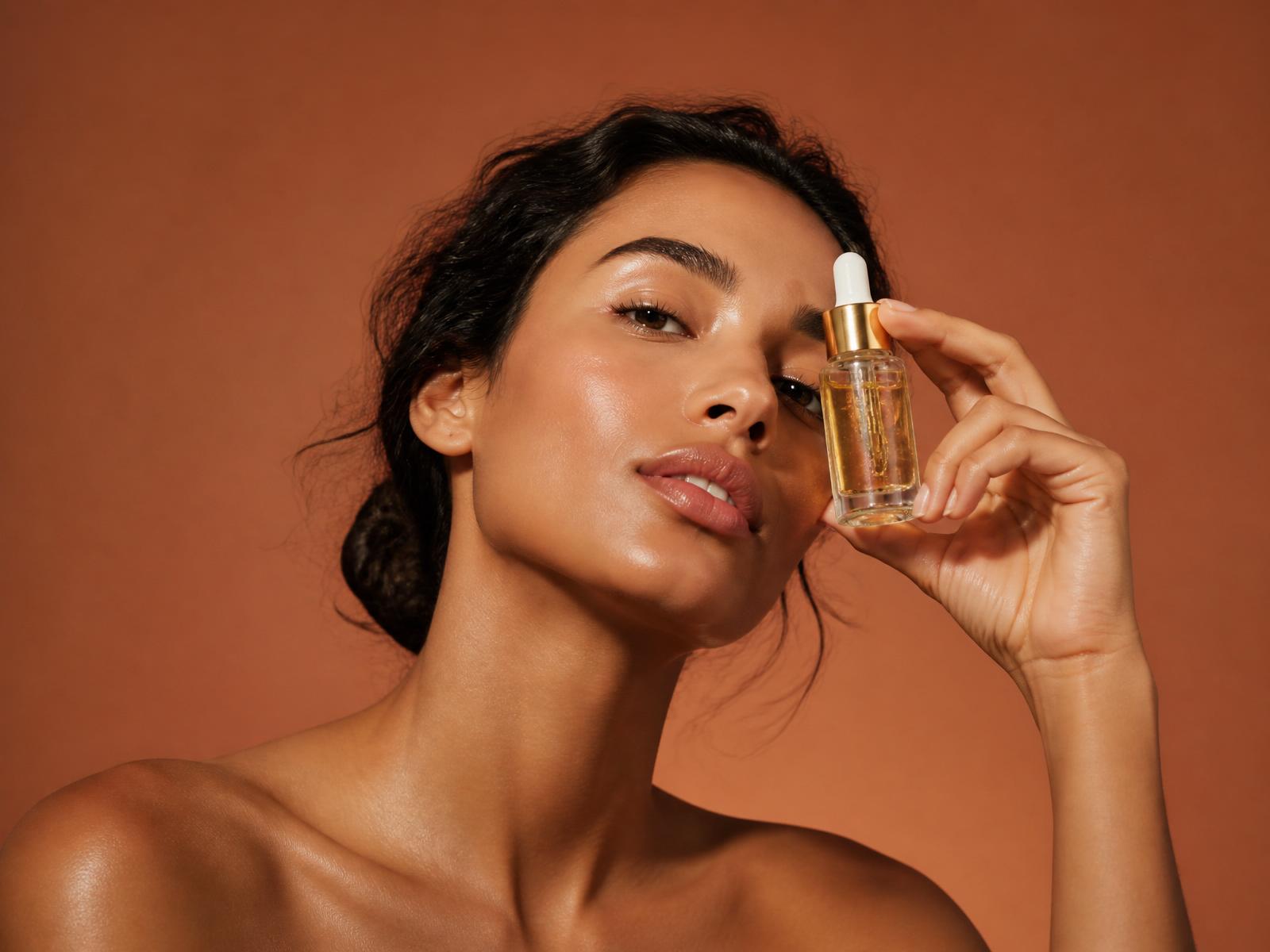Model holding a serum bottle near her face against a warm terracotta backdrop